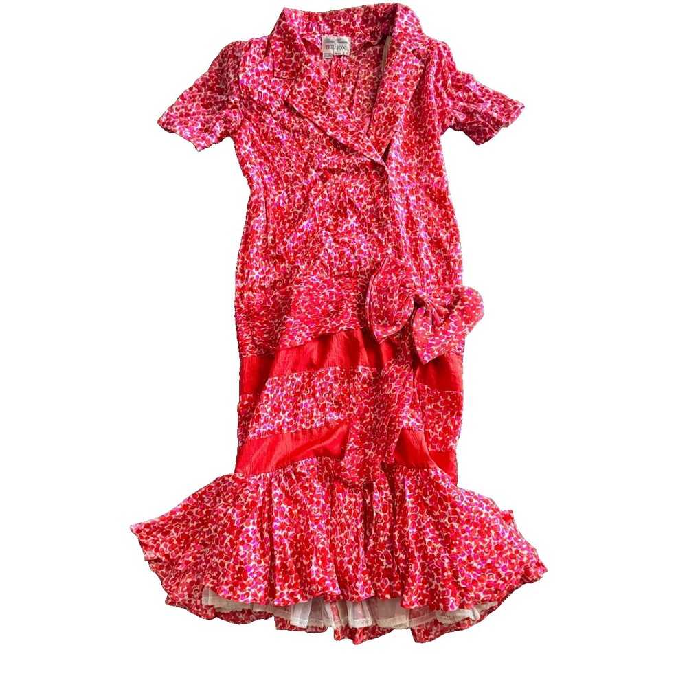Rickie Freeman Teri Jon dress vintage 1970s ruffle 100% silk front bow Rare